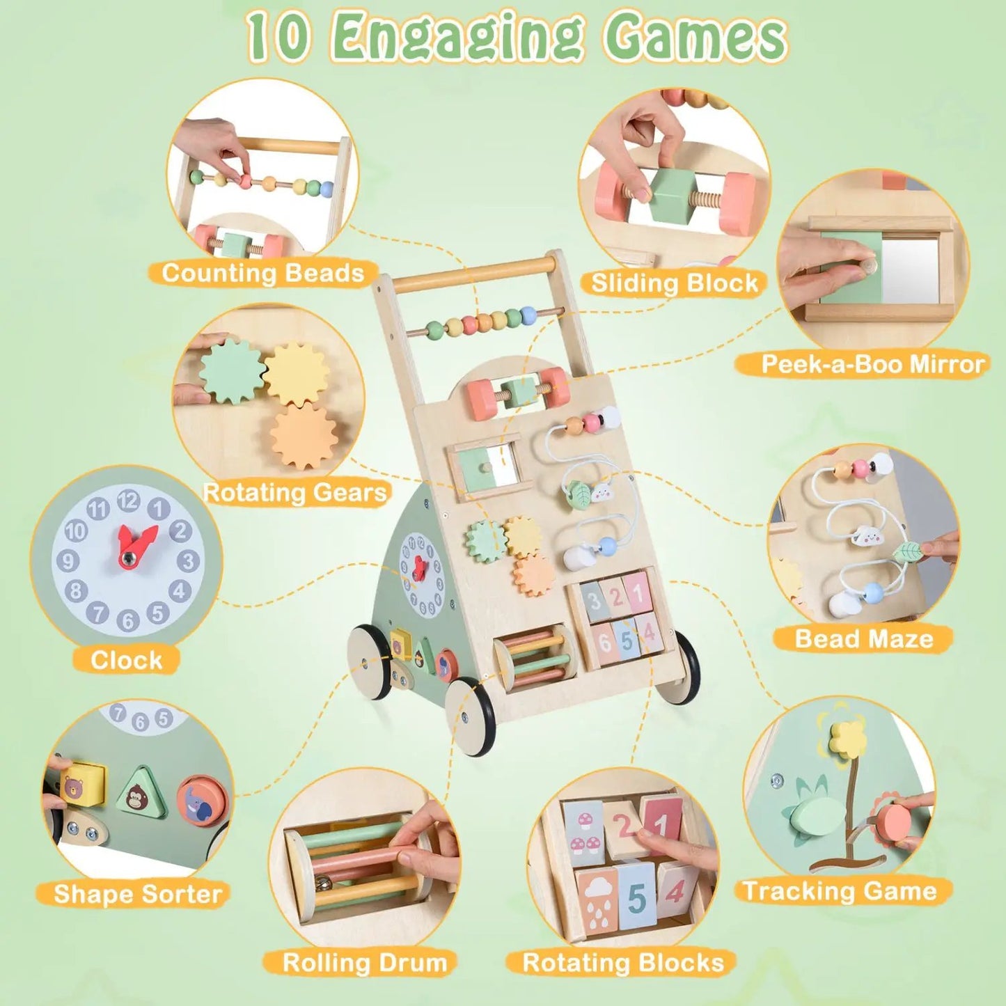 Wooden Baby Walker With Wheels and Storage Basket