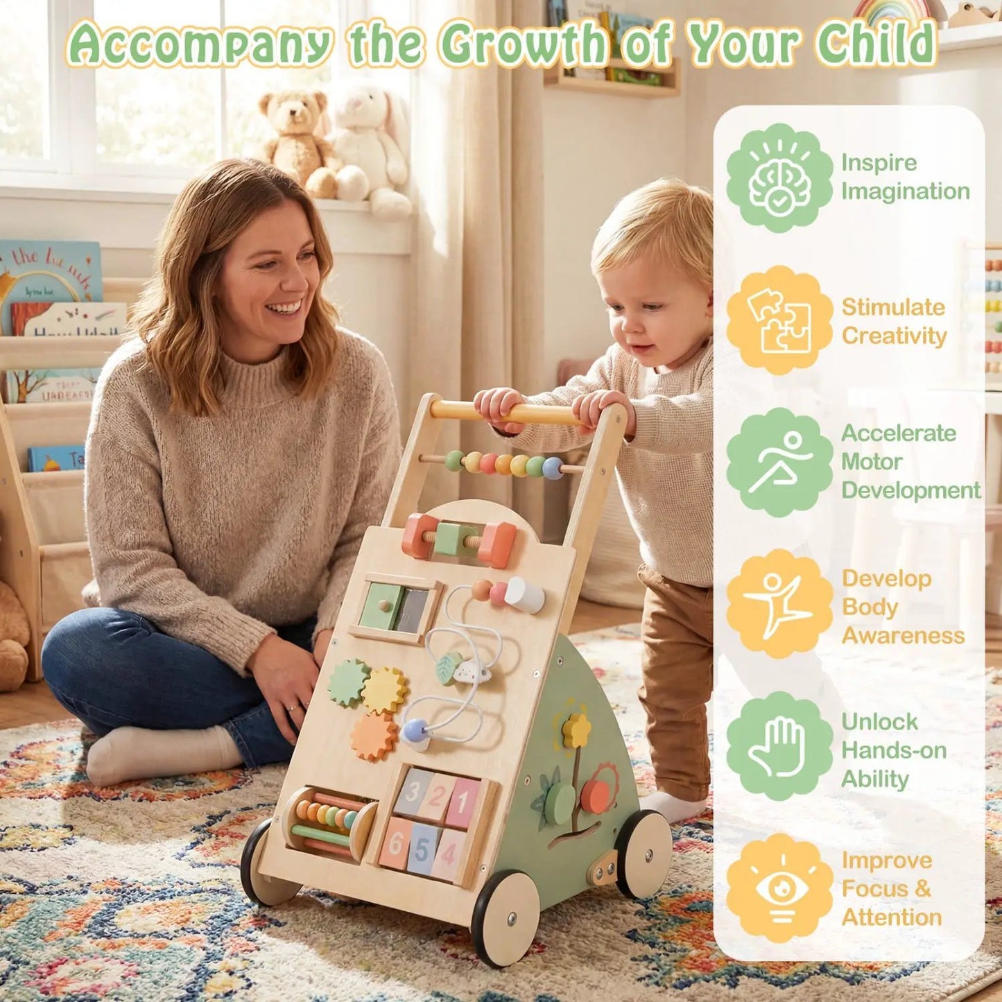 Wooden Baby Walker With Wheels and Storage Basket