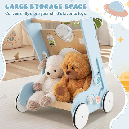 Wooden Baby Walker Push and Pull Learning Activity Center with Wheels for Toddlers 1+ Years Old
