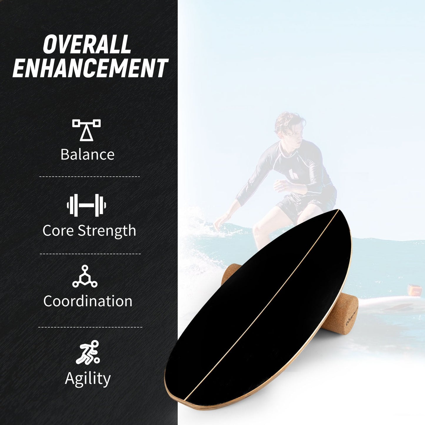 Wooden Balancing Board with Cork Roller and Storage Rack to Exercise