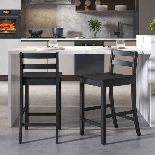 Wooden Bar Stools Set of 2 with Ergonomic Backrest and Footrest-Black - Tampa Home & Garden Store