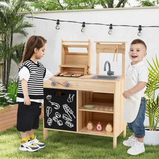 Wooden Barbecue Grill Playset with Chalkboard and Sink and Cabinet-Natural - Tampa Home & Garden Store