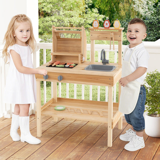 Wooden Barbecue Grill Playset with Play Food and Open Shelves-Natural - Tampa Home & Garden Store