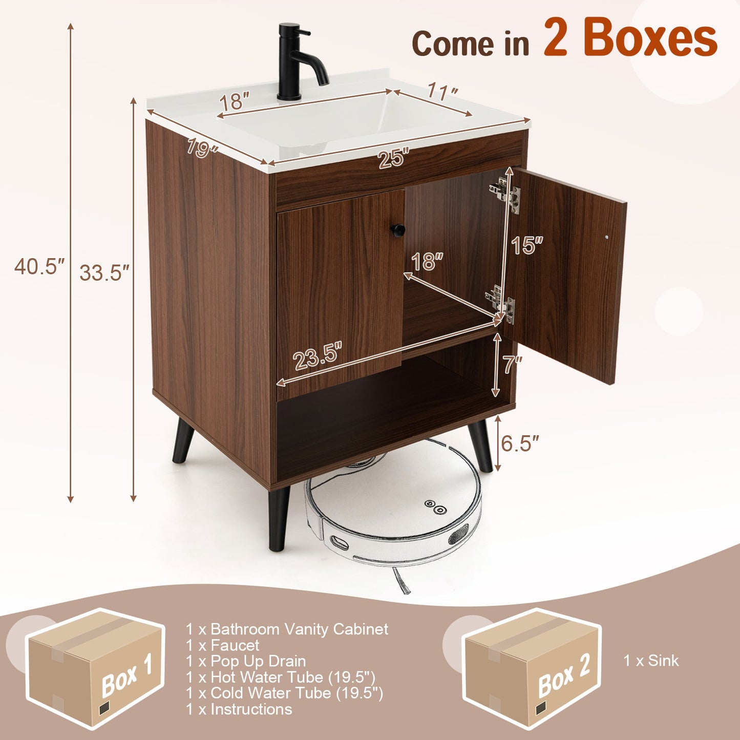 25 Inch Wooden Bathroom Storage Cabinet with Sink-Walnut