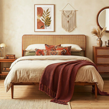 Queen Rattan Headboard Bed Frame With Slat System