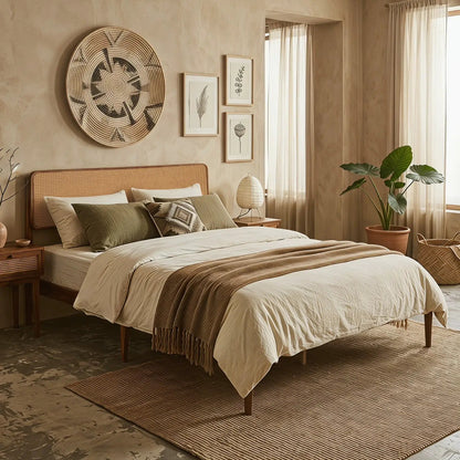 Queen Rattan Headboard Bed Frame With Slat System