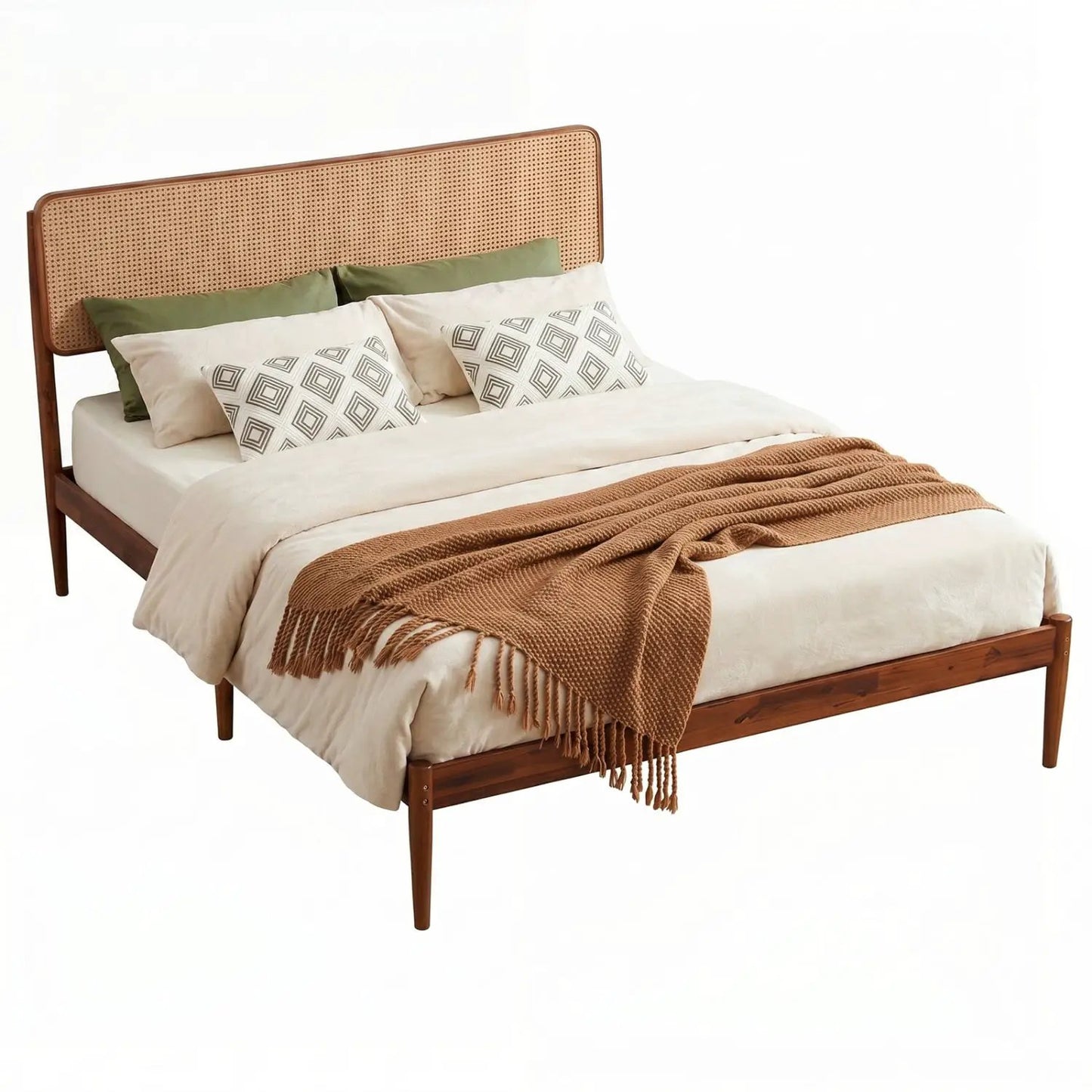 Queen Rattan Headboard Bed Frame With Slat System