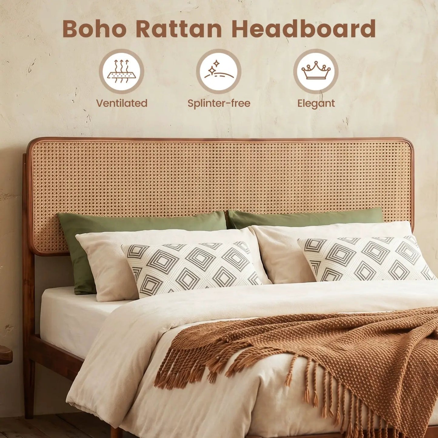 Queen Rattan Headboard Bed Frame With Slat System