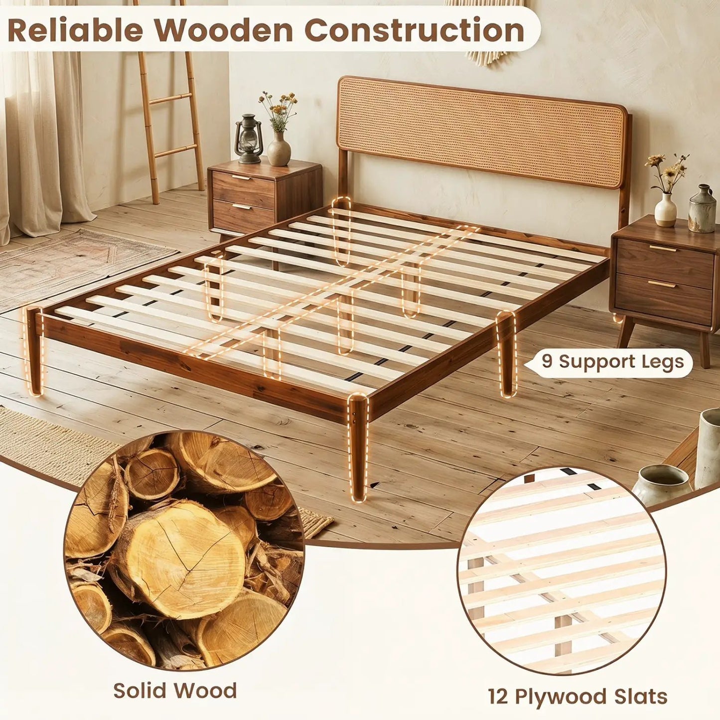 Queen Rattan Headboard Bed Frame With Slat System