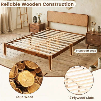 Queen Rattan Headboard Bed Frame With Slat System