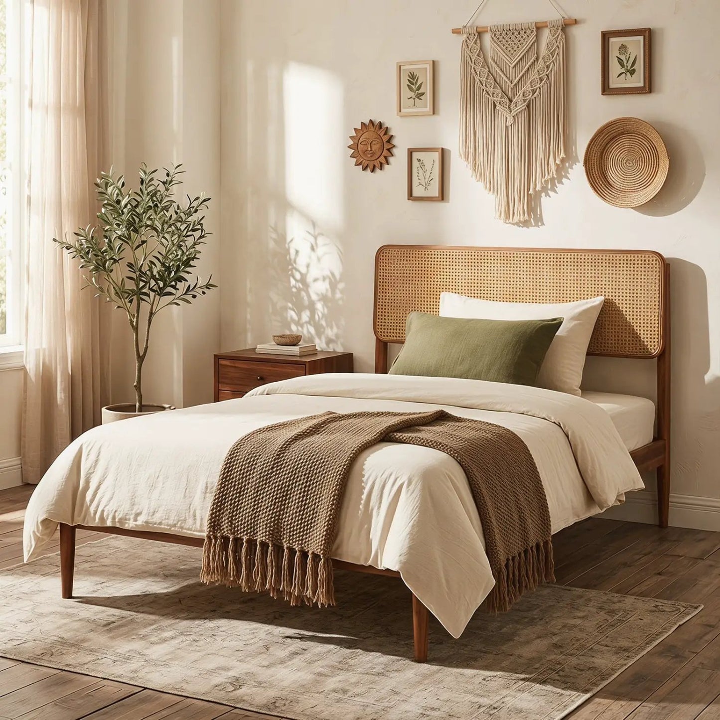 Queen Rattan Headboard Bed Frame With Slat System