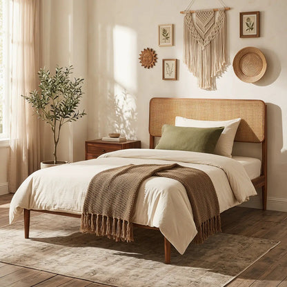 Queen Rattan Headboard Bed Frame With Slat System