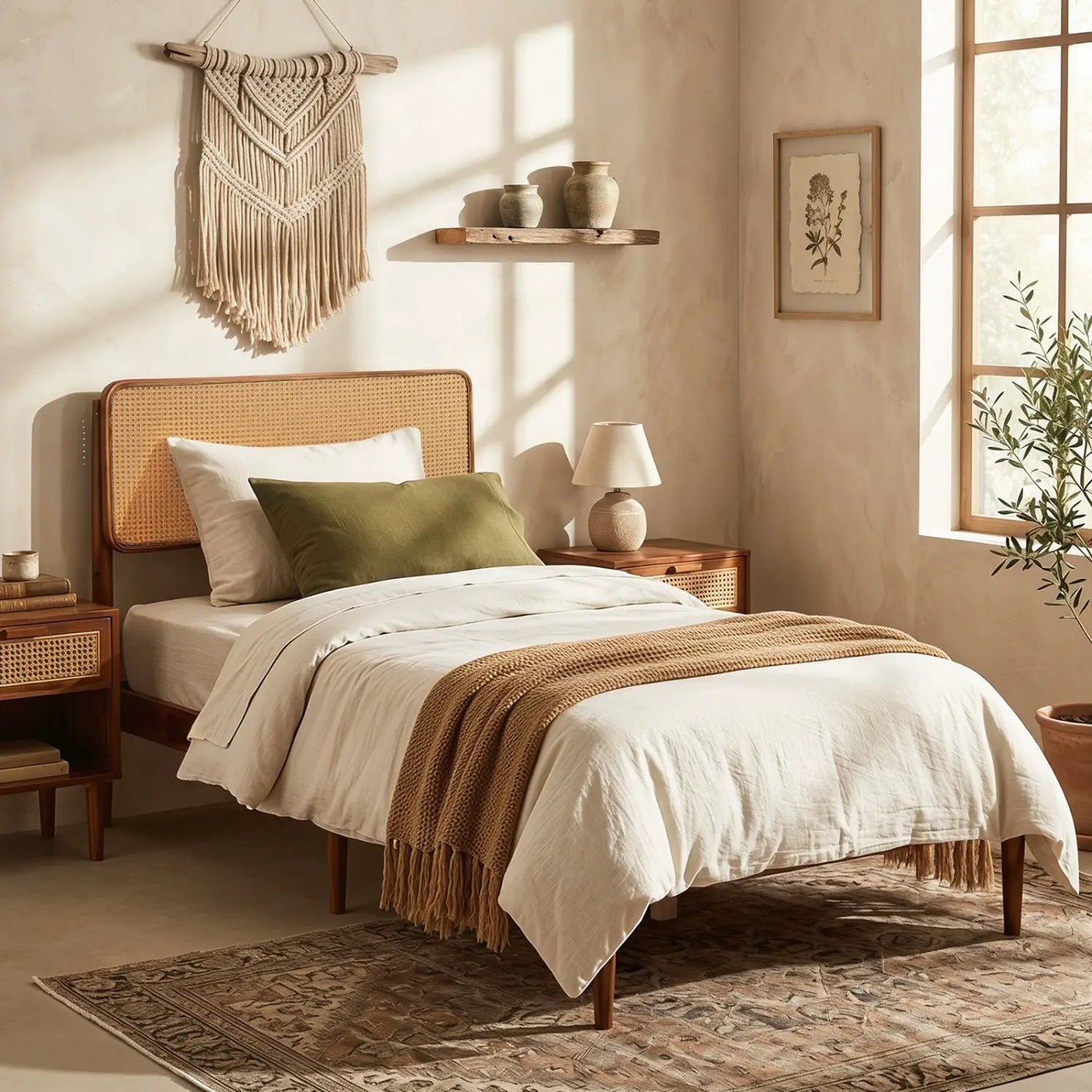 Queen Rattan Headboard Bed Frame With Slat System
