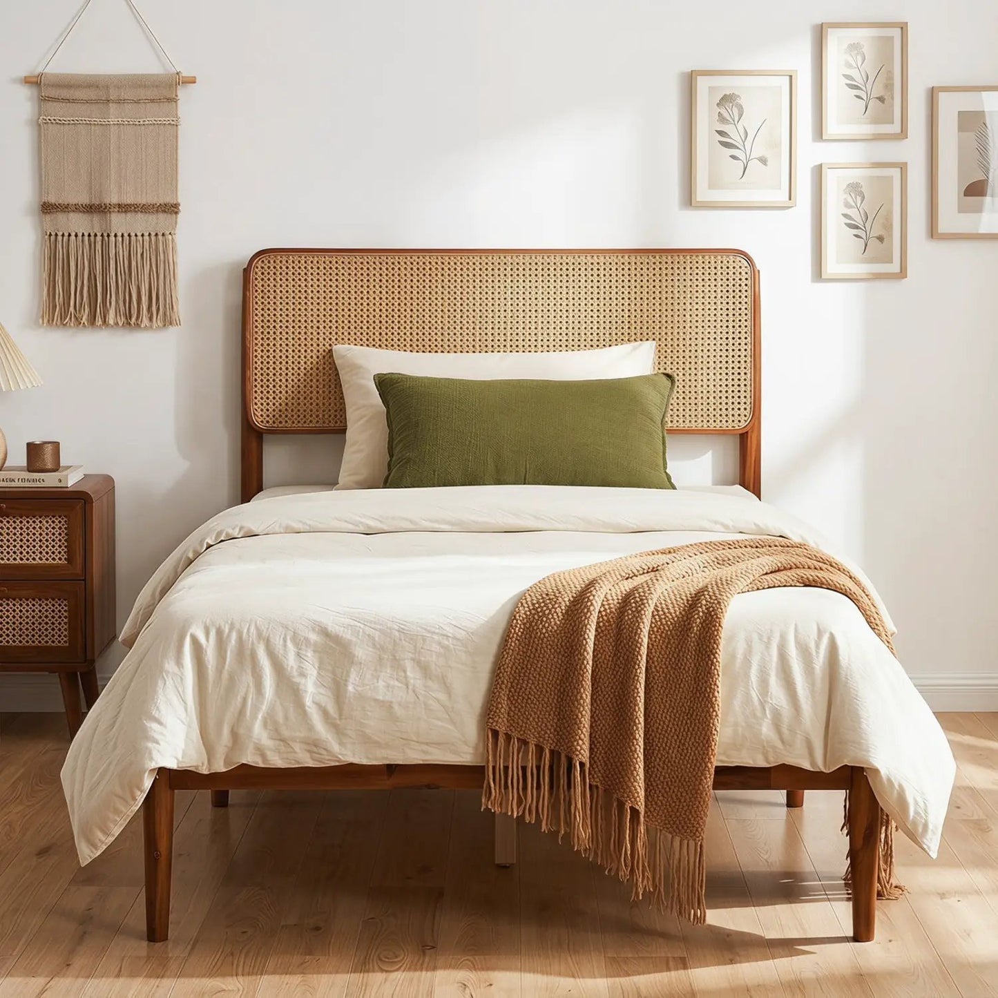 Queen Rattan Headboard Bed Frame With Slat System