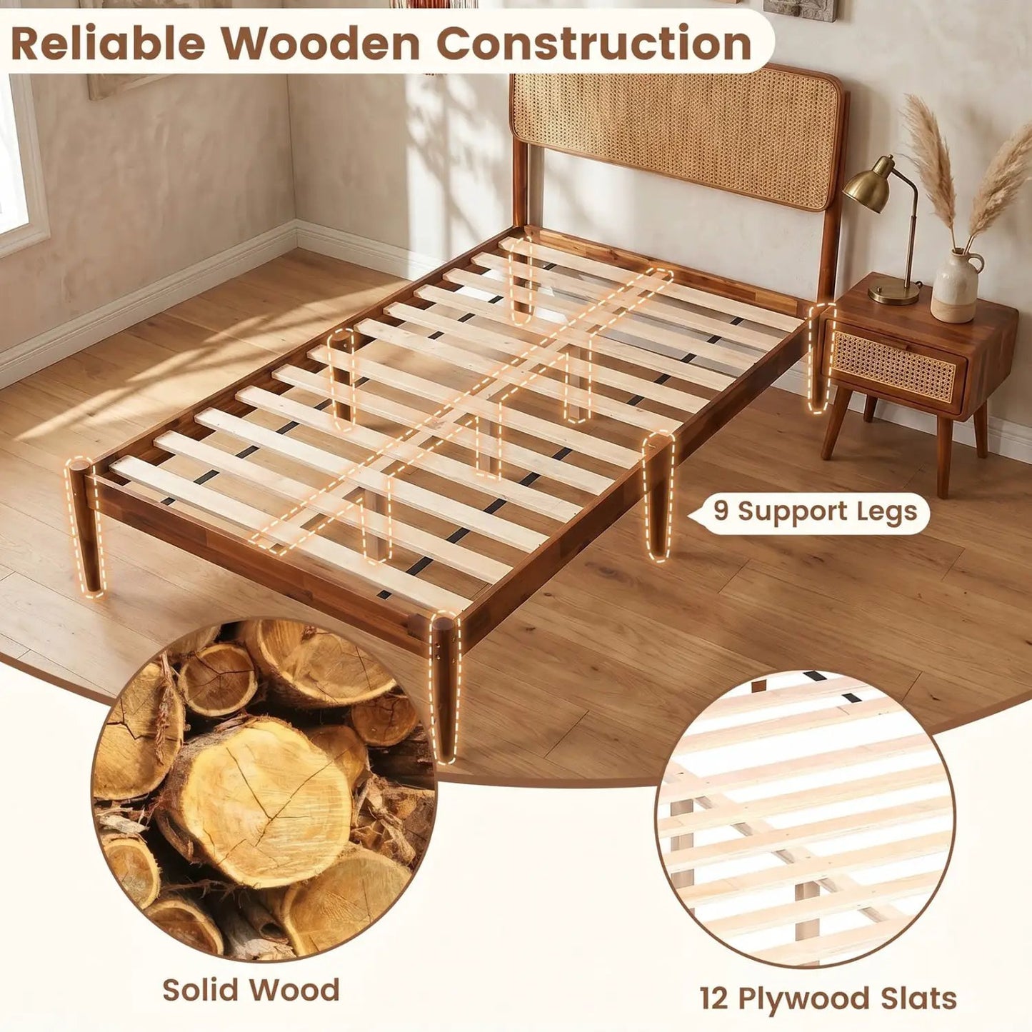 Queen Rattan Headboard Bed Frame With Slat System
