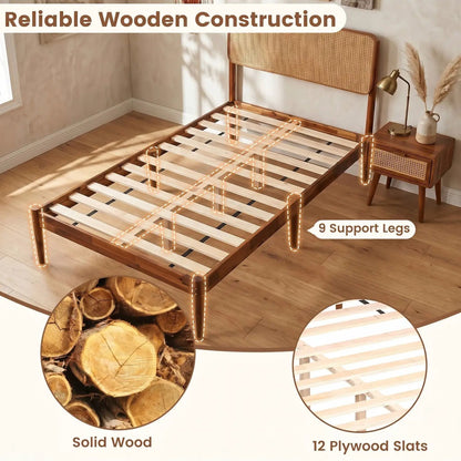 Queen Rattan Headboard Bed Frame With Slat System