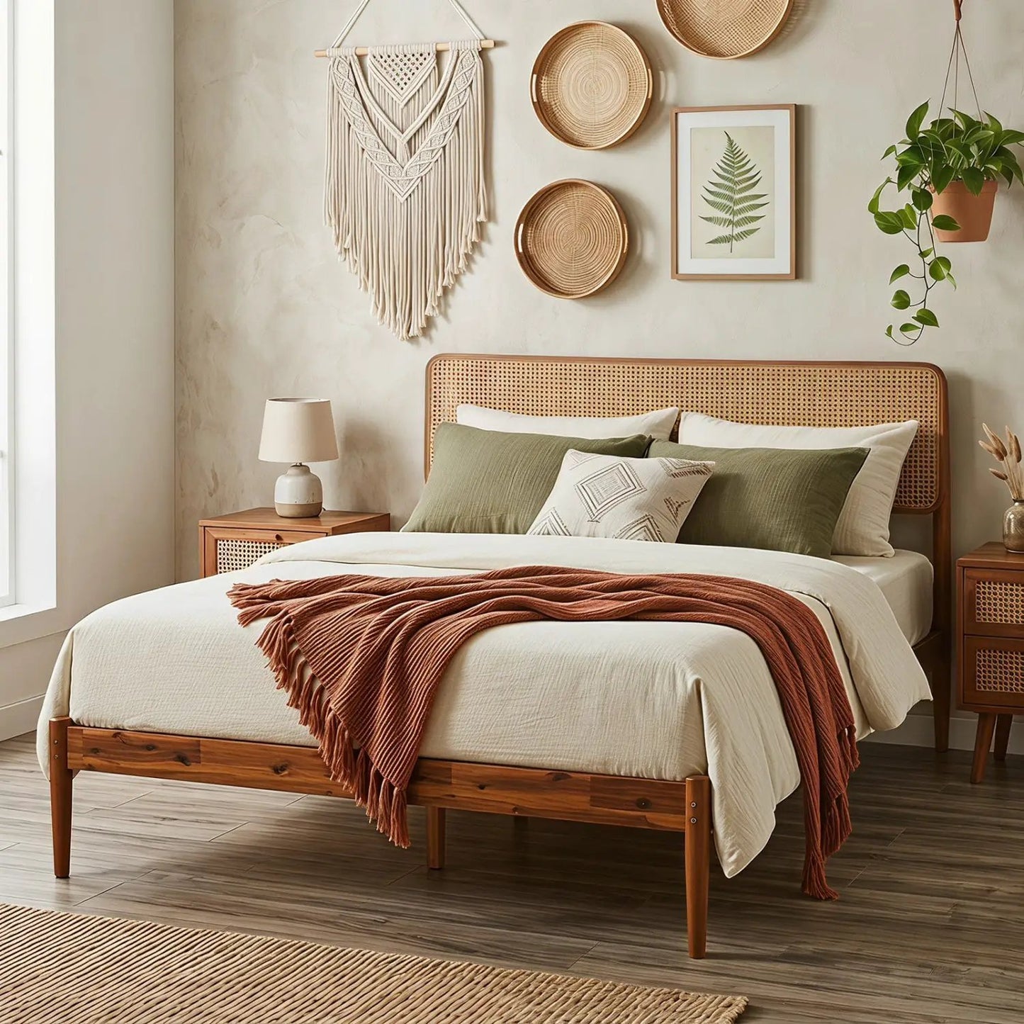Queen Rattan Headboard Bed Frame With Slat System