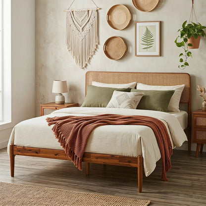 Queen Rattan Headboard Bed Frame With Slat System