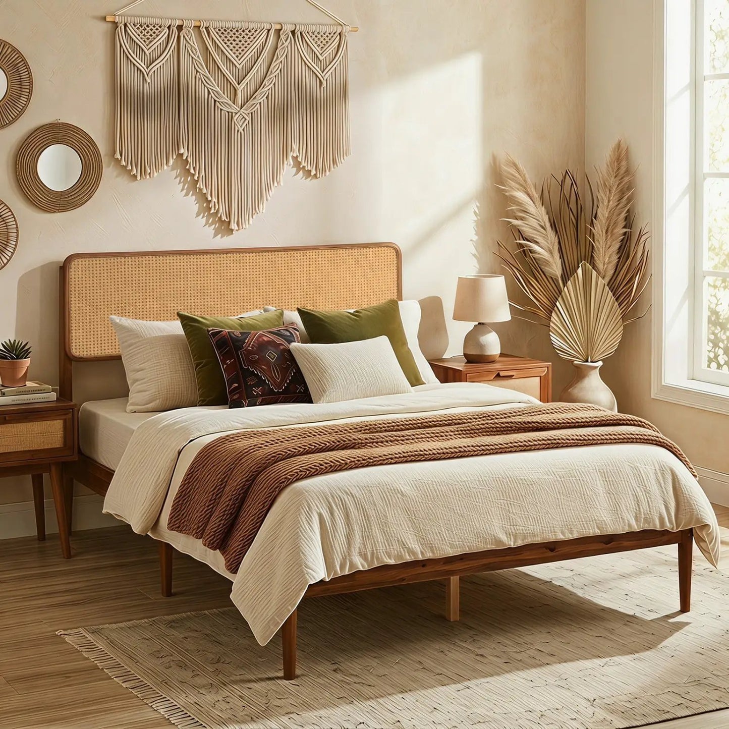 Queen Rattan Headboard Bed Frame With Slat System