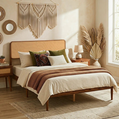 Queen Rattan Headboard Bed Frame With Slat System