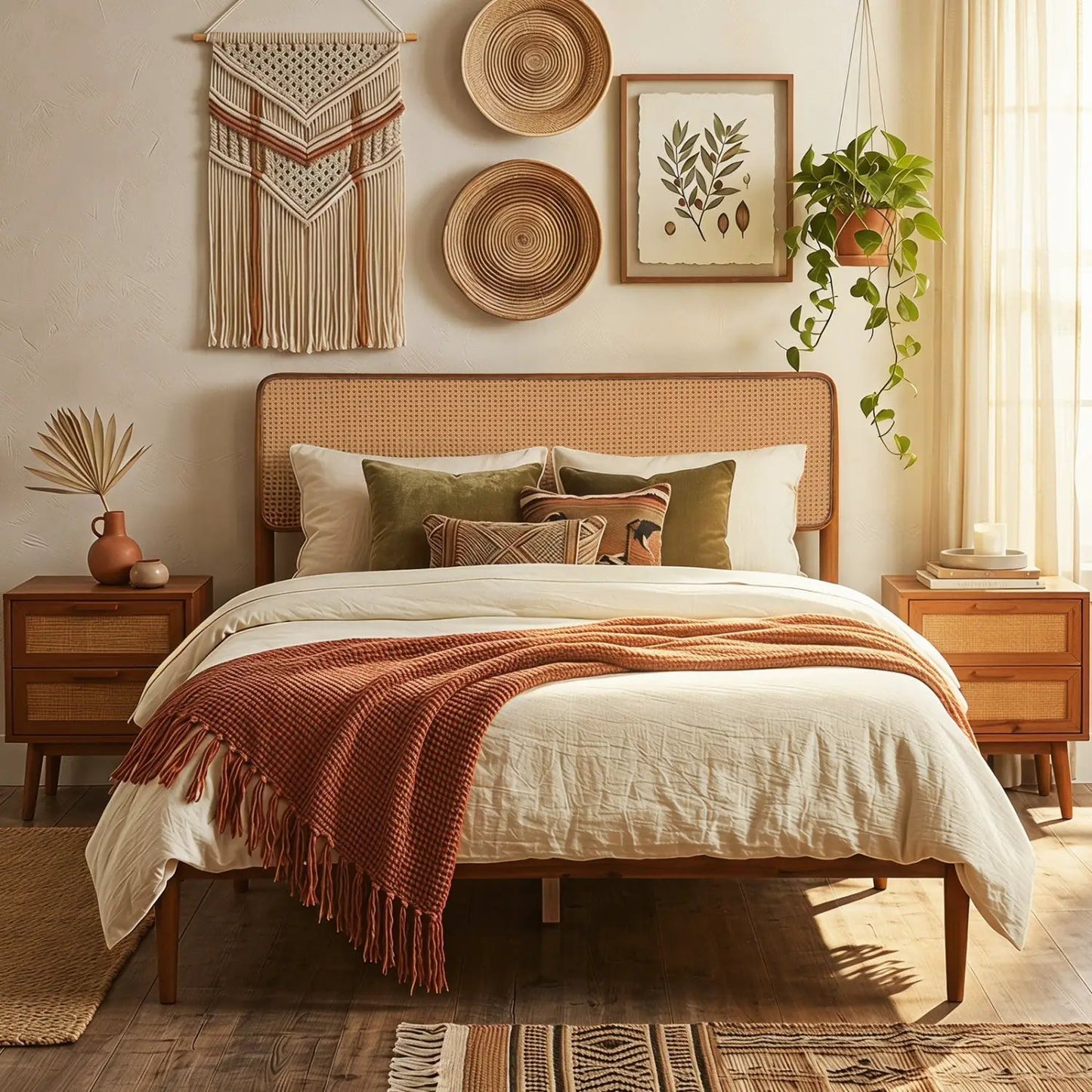 Queen Rattan Headboard Bed Frame With Slat System