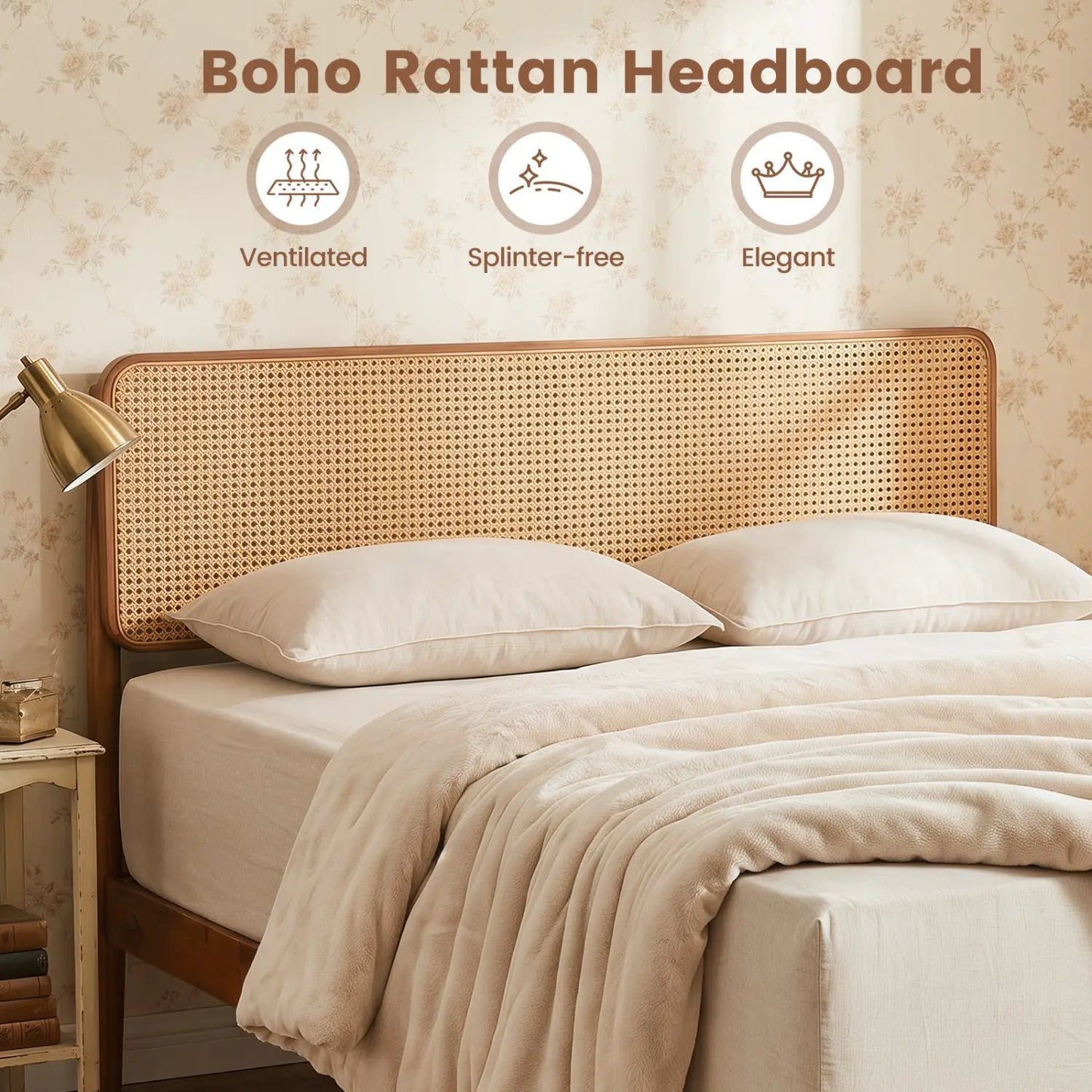Queen Rattan Headboard Bed Frame With Slat System