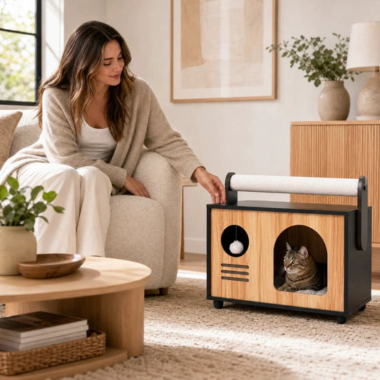 Wooden cat house with white rope scratching post and cushion, natural wood panels on Tampa Home & Garden Store