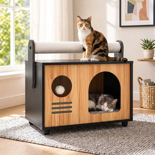 Wooden Cat House with Scratching Post and Cushion DirectDeals, black frame, natural wood veneer on Tampa Home & Garden Store