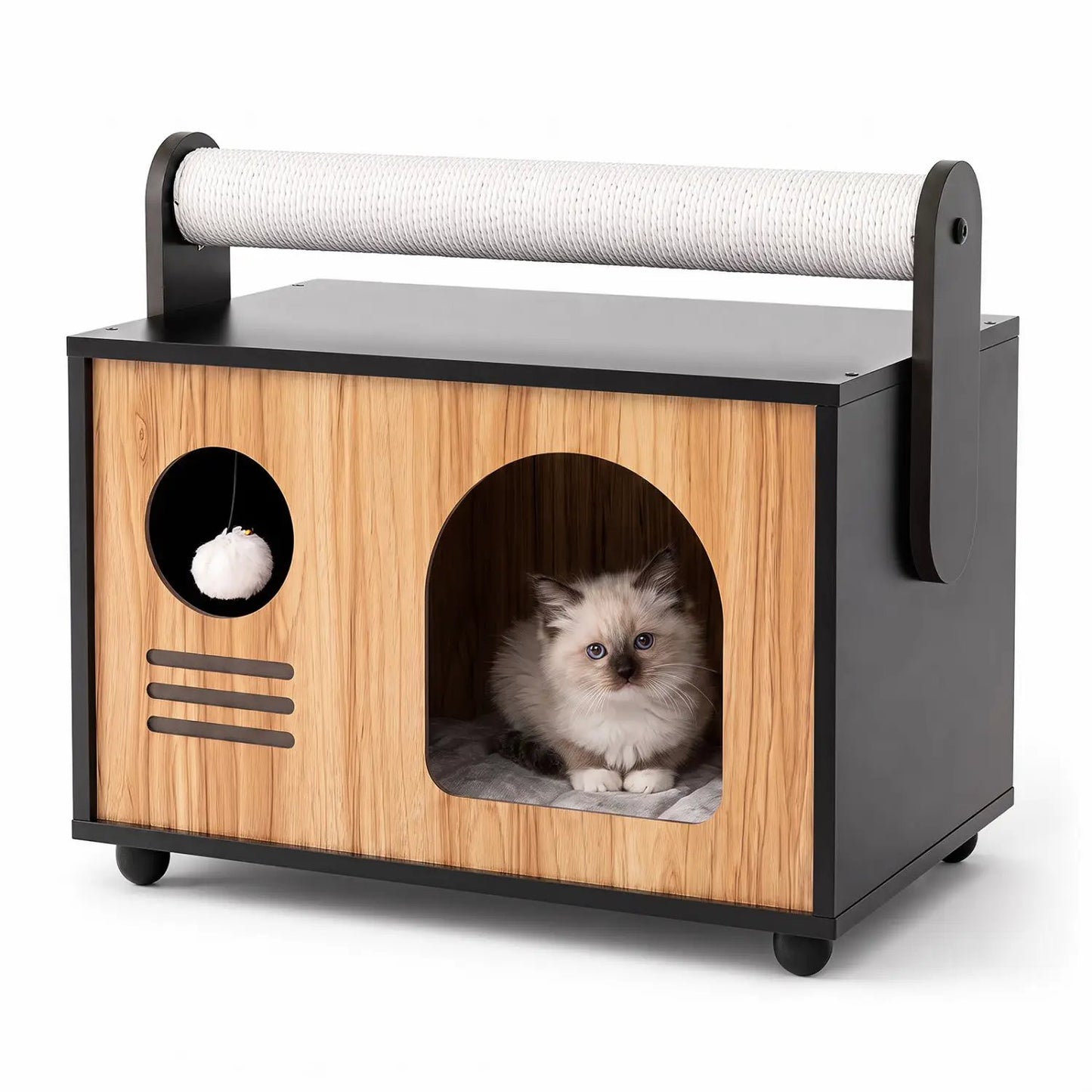 Wooden Cat House with Scratching Post and Cushion