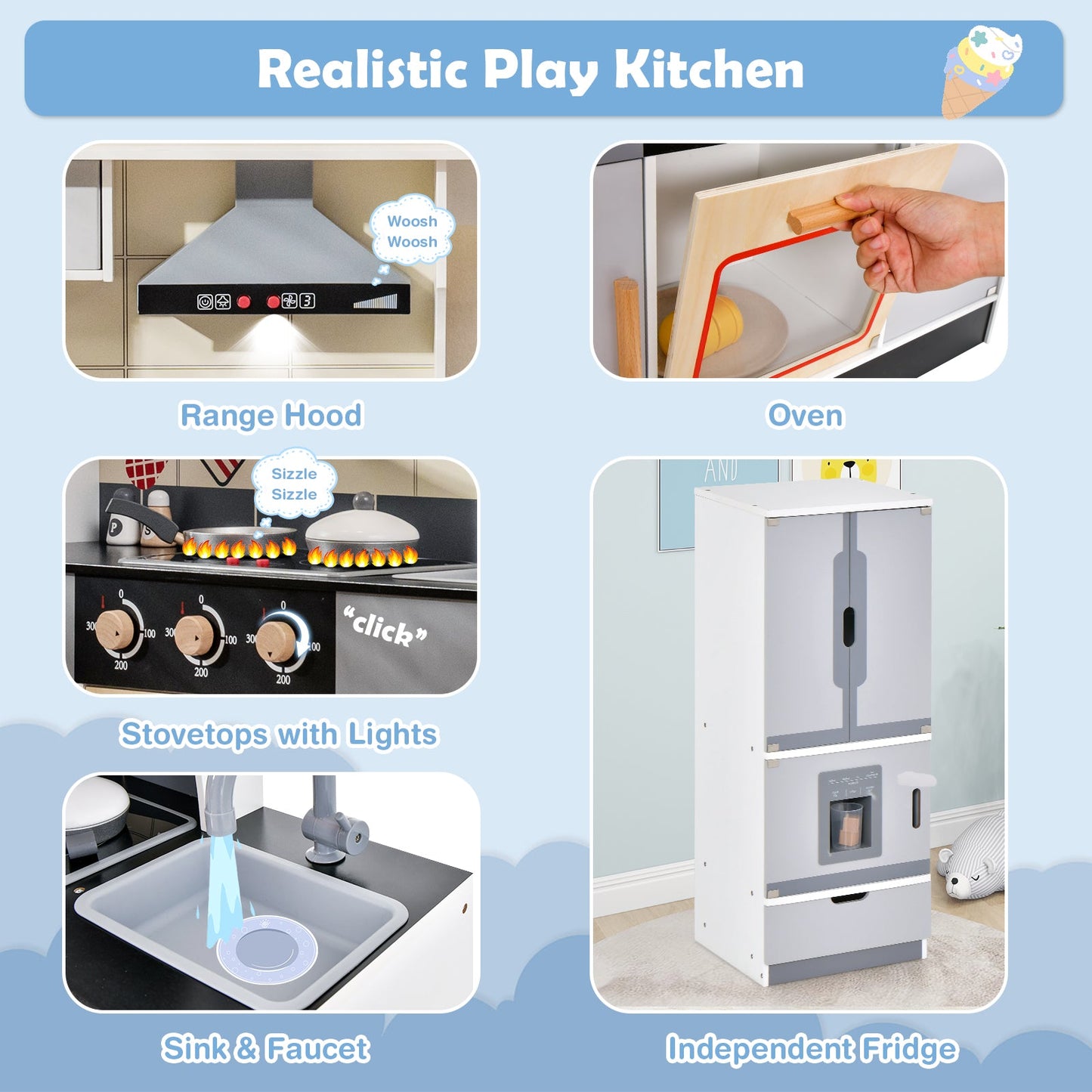 Wooden Chef Play Kitchen and Refrigerator with Realistic Range Hood and Roaster