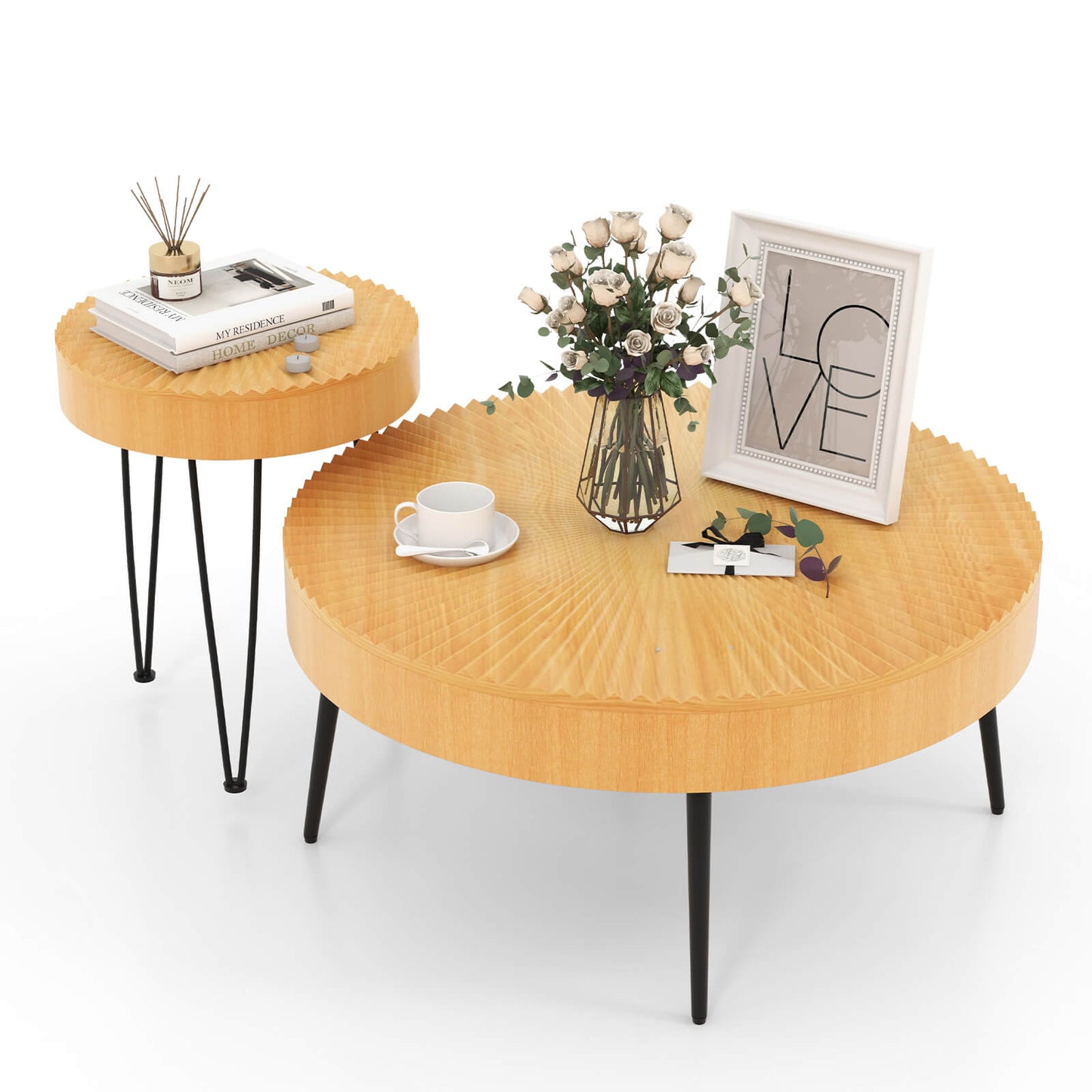 2 juegos de mesa de centro de madera con patas de metal y almohadillas ajustables para los pies-Patrón radial