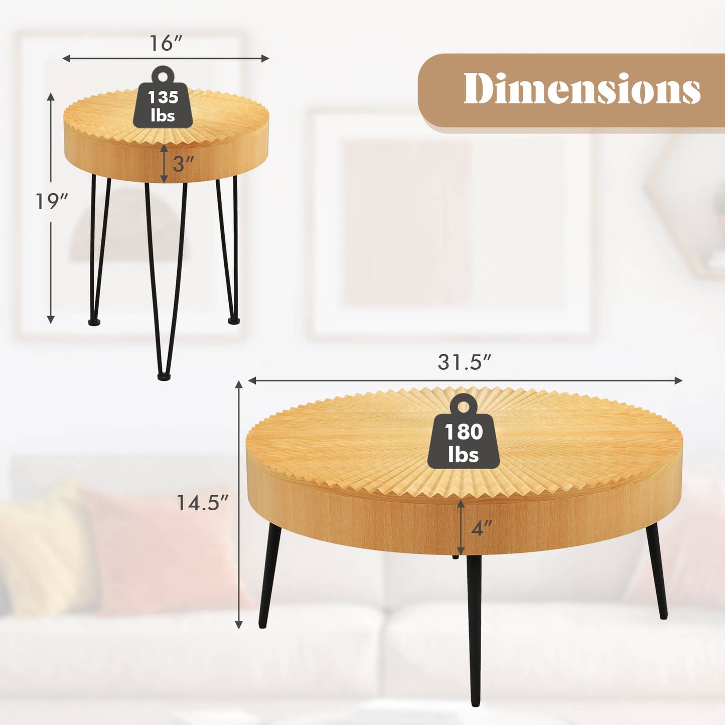 2 juegos de mesa de centro de madera con patas de metal y almohadillas ajustables para los pies-Patrón radial