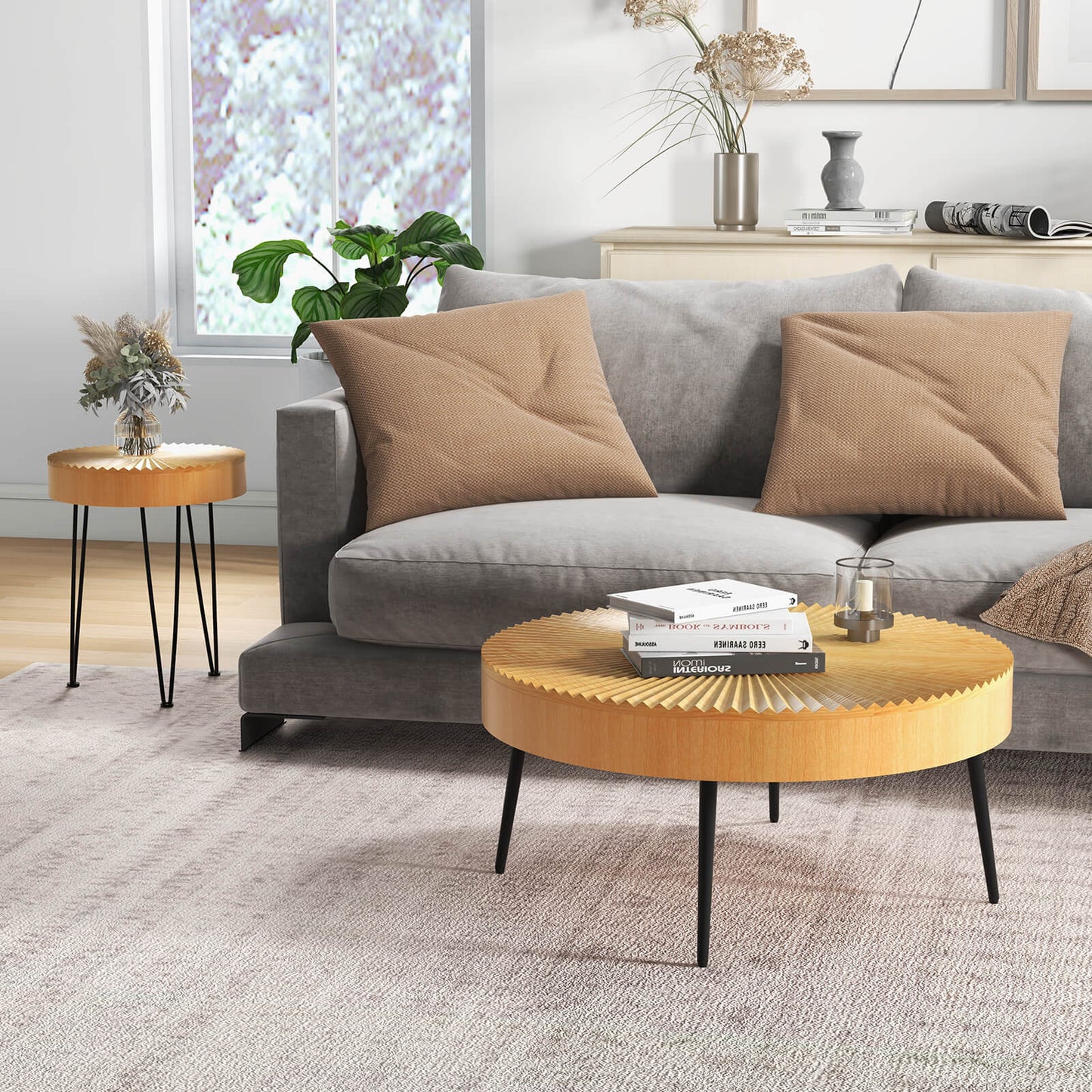 2 juegos de mesa de centro de madera con patas de metal y almohadillas ajustables para los pies-Patrón radial