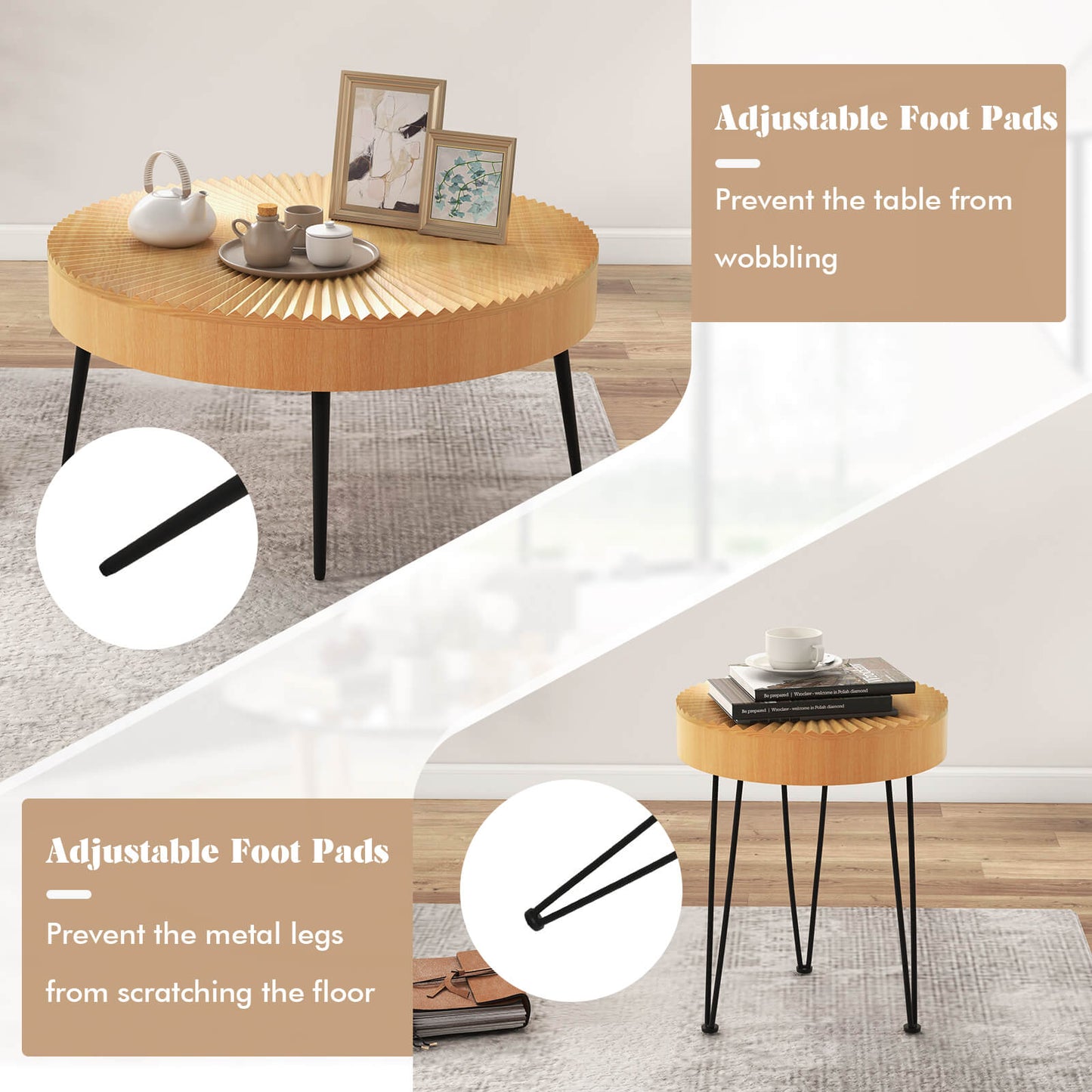 2 juegos de mesa de centro de madera con patas de metal y almohadillas ajustables para los pies-Patrón radial