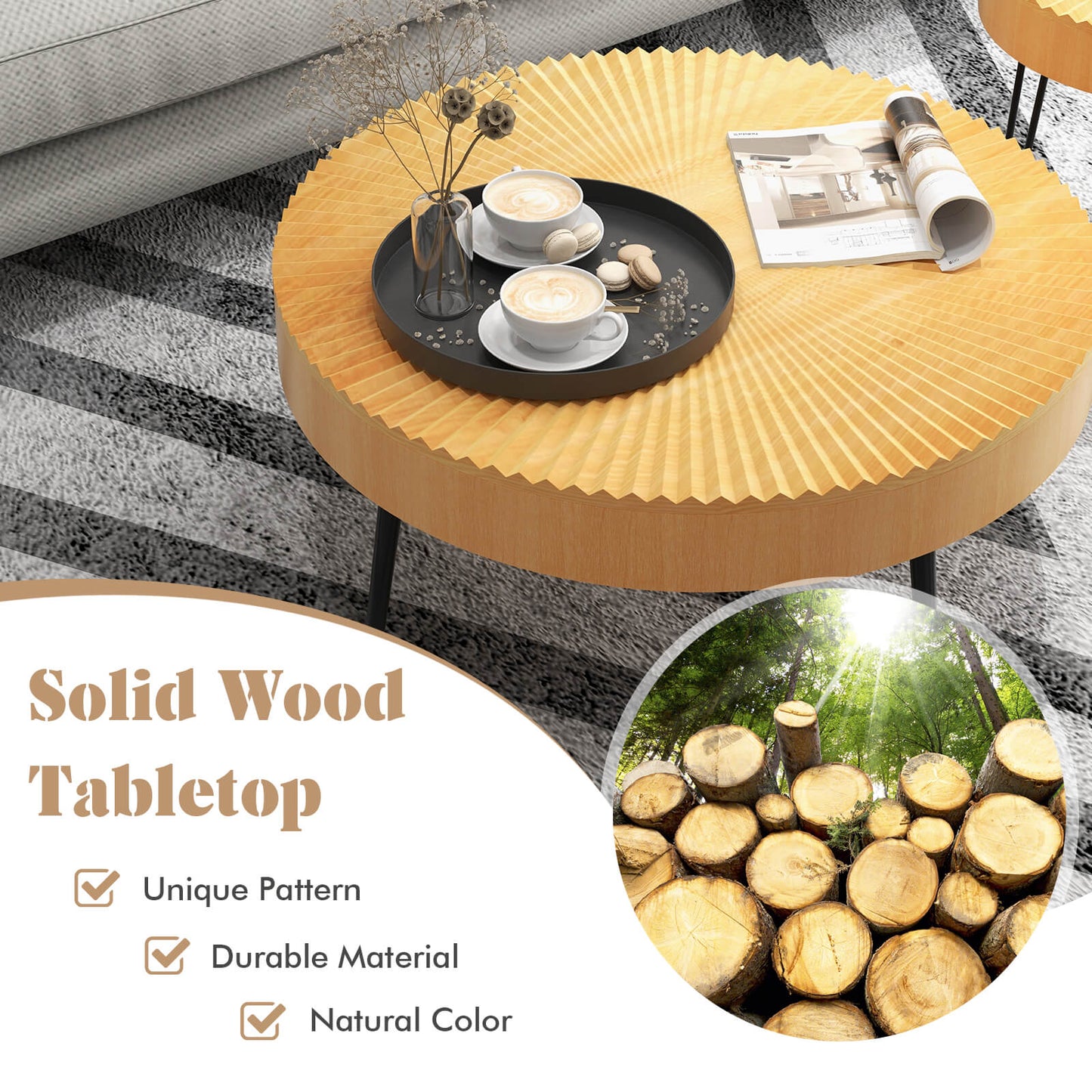 2 juegos de mesa de centro de madera con patas de metal y almohadillas ajustables para los pies-Patrón radial