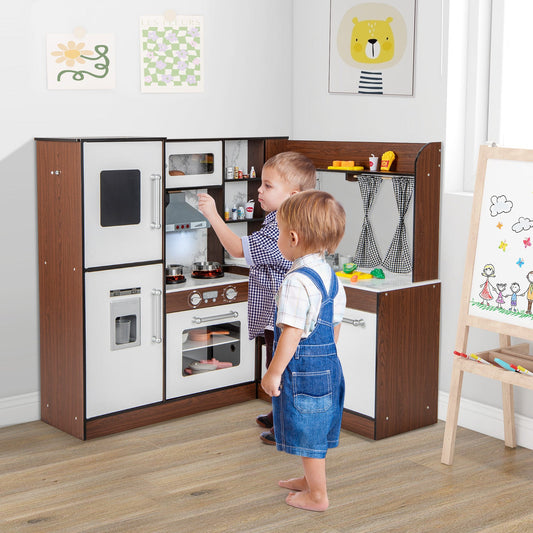 Wooden Corner Play Kitchen with Water Circulation System and Lights-Brown - Tampa Home & Garden Store