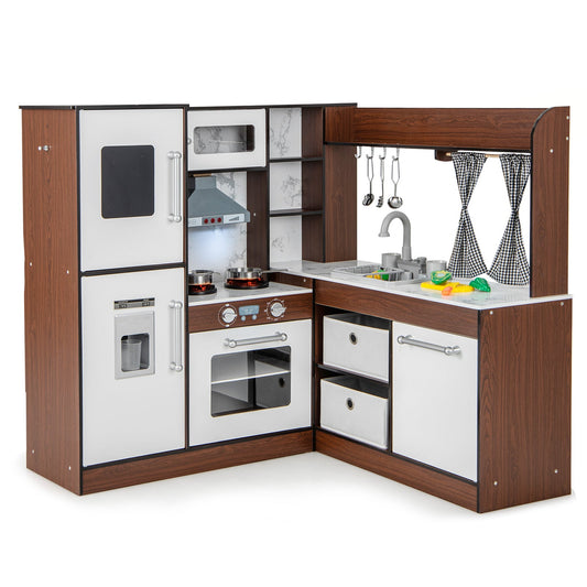 Wooden Corner Play Kitchen with Water Circulation System and Lights-Brown - Tampa Home & Garden Store