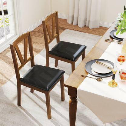 Juego de 2 sillas de comedor de madera con tapizado de cuero de PU y estructura de madera de caucho - Marrón