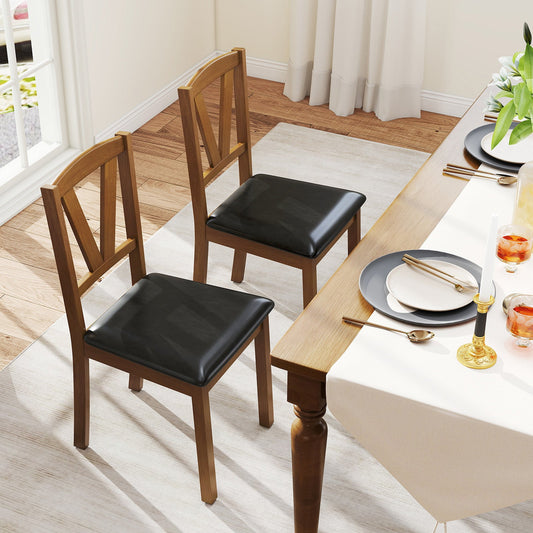 Juego de 2 sillas de comedor de madera con tapizado de cuero de PU y estructura de madera de caucho - Marrón