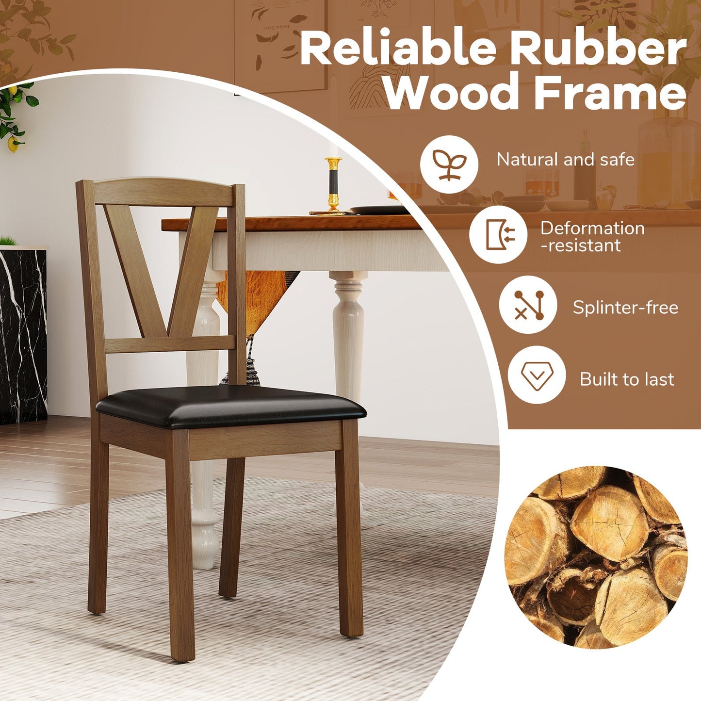 Juego de 2 sillas de comedor de madera con tapizado de cuero de PU y estructura de madera de caucho - Marrón