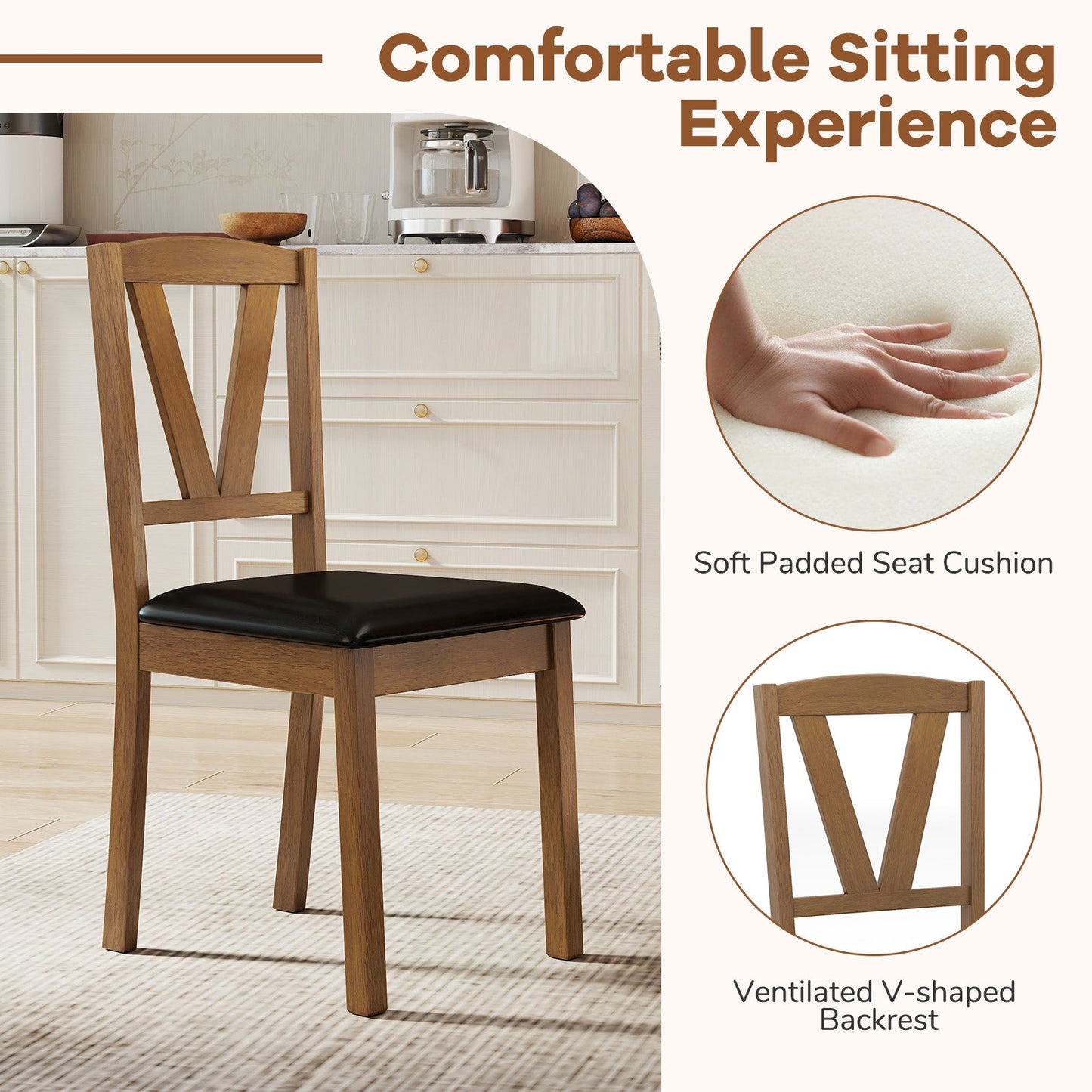 Juego de 2 sillas de comedor de madera con tapizado de cuero de PU y estructura de madera de caucho - Marrón