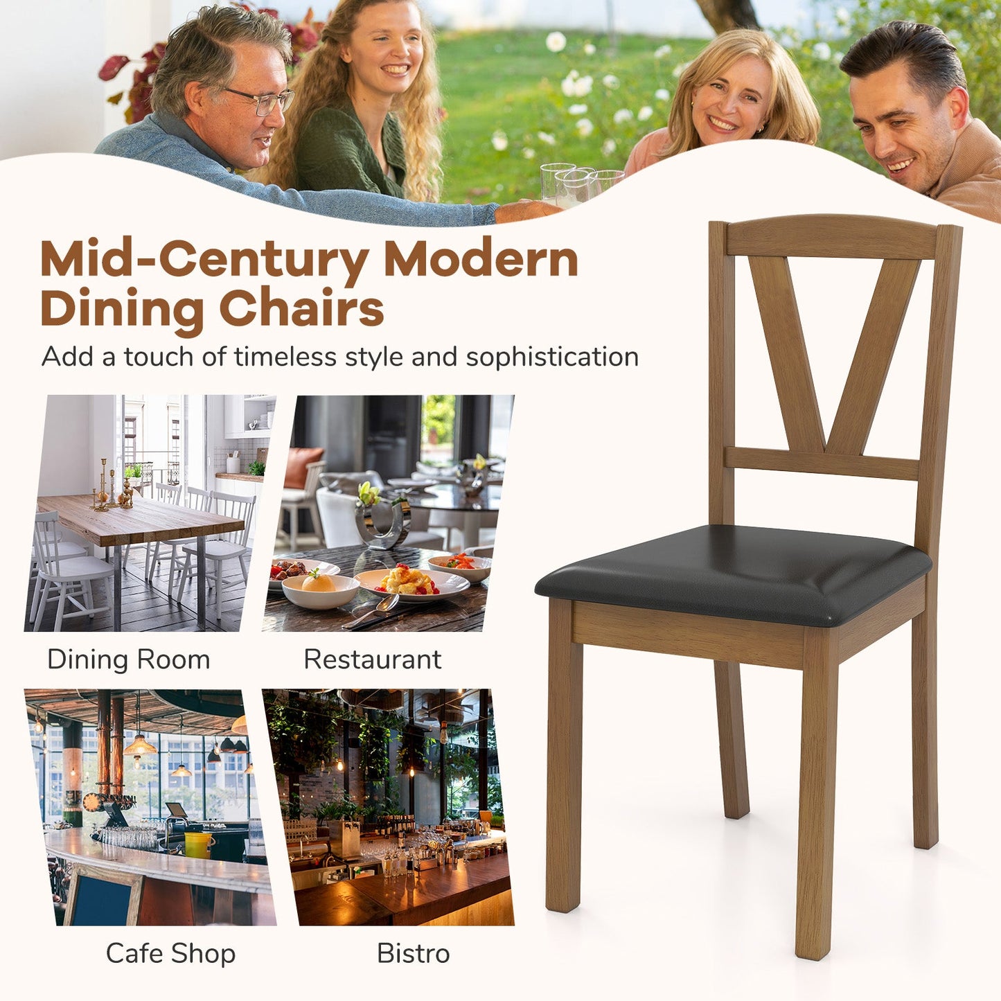 Juego de 2 sillas de comedor de madera con tapizado de cuero de PU y estructura de madera de caucho - Marrón