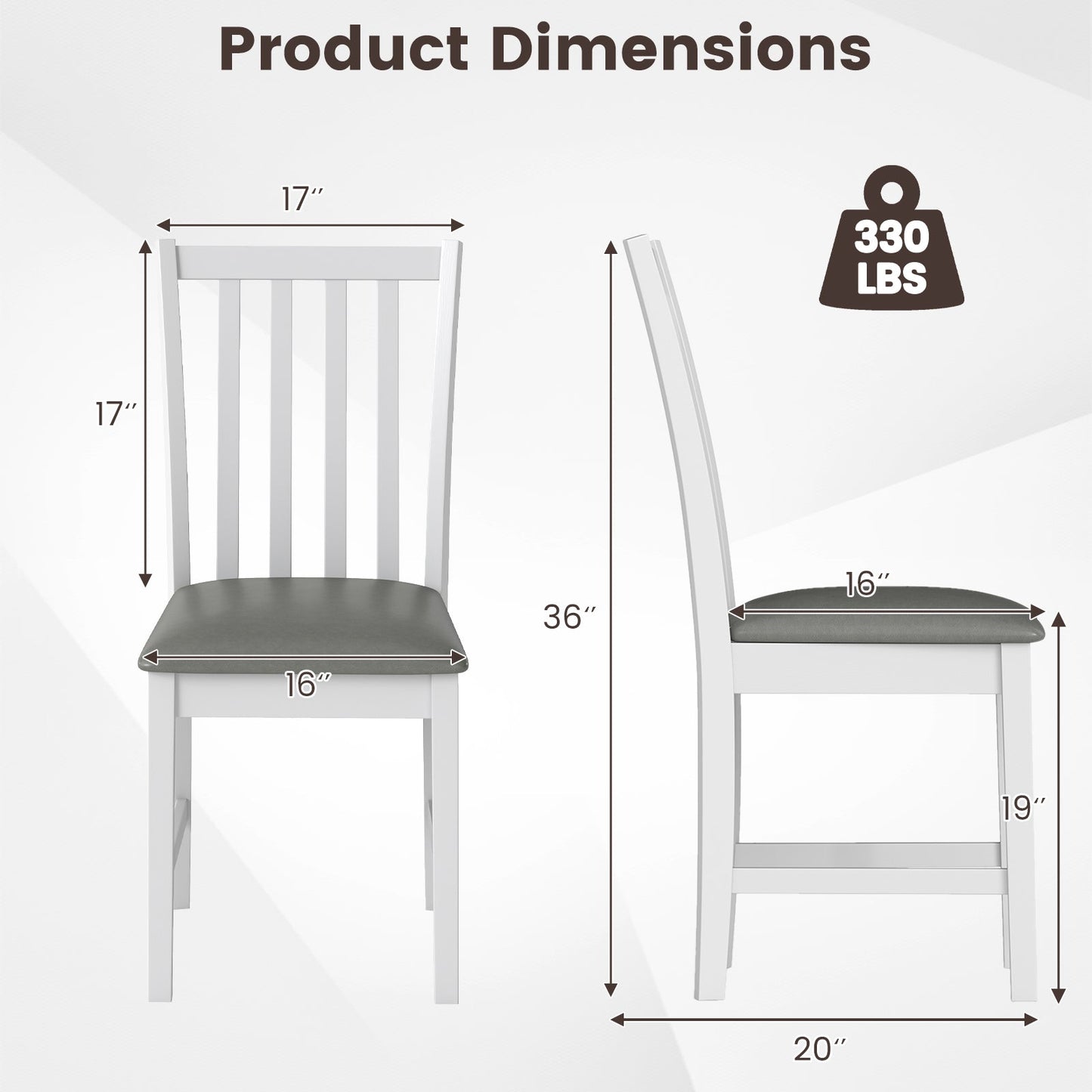 Wooden Dining Chair Set of 2 with Rubber Wood Frame and Padded Seat