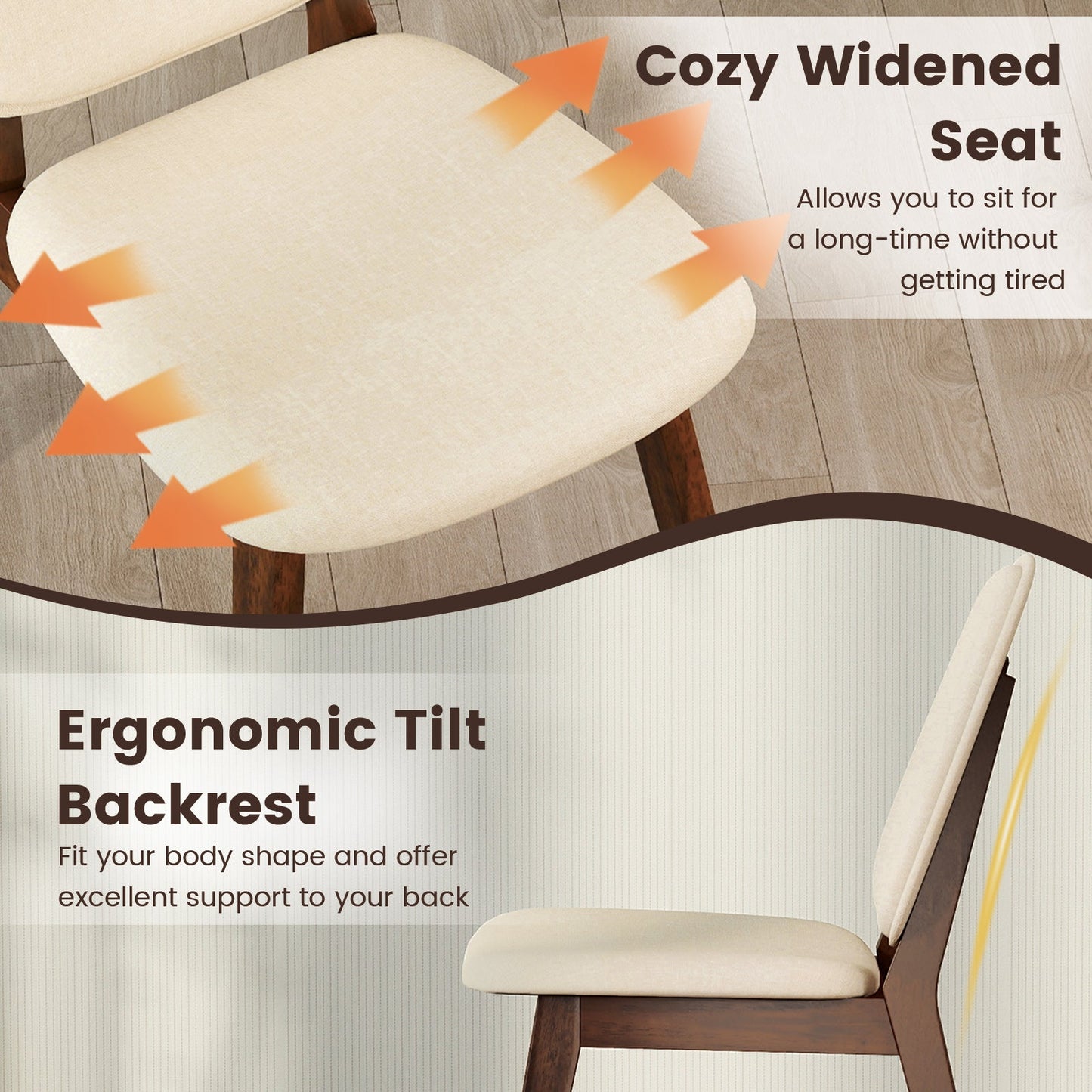 Wooden Dining Chair Set of 2 Mid-Century Modern Upholstered Side Armless Chair-Brown