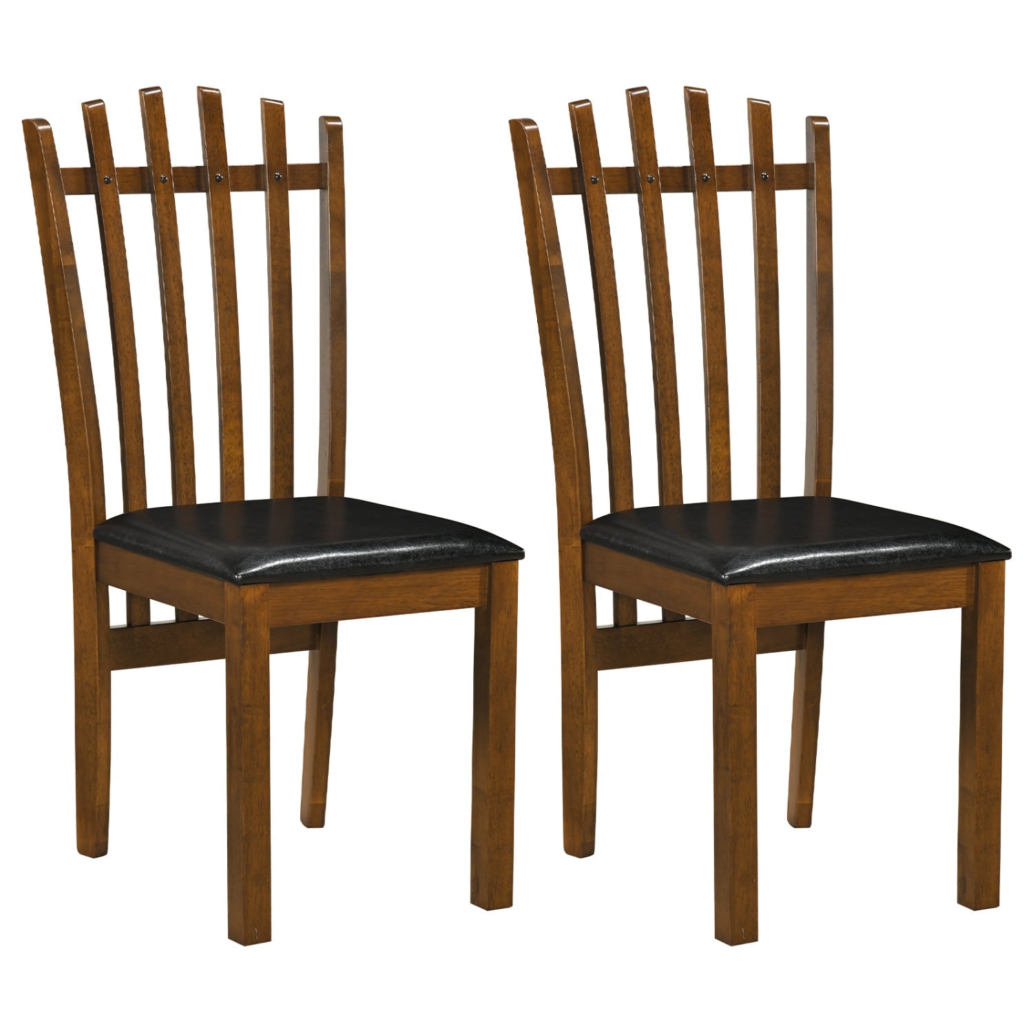 Dining chairs set of 2 with spindle back and black PU leather seats in warm brown wood finish on Tampa Home & Garden Store
