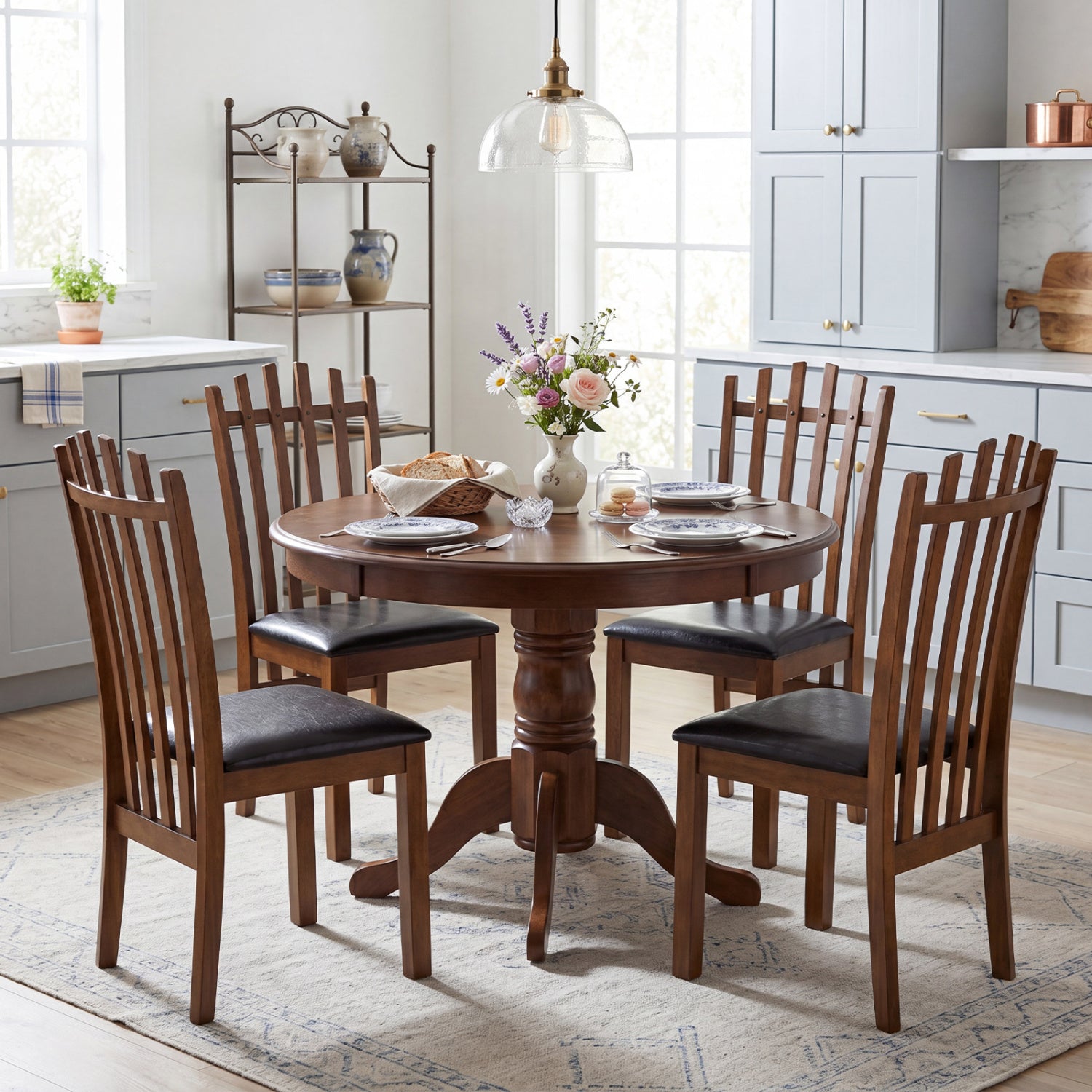 Dining chairs set of 4 with spindle backs and dark wood frames, black PU leather seats on Tampa Home & Garden Store