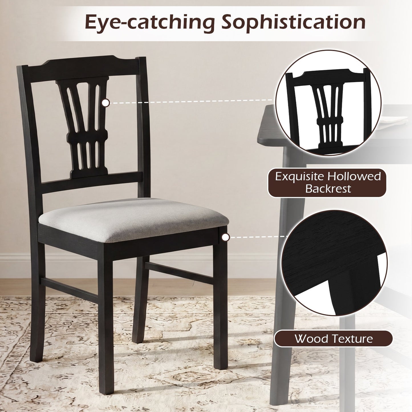 Wooden Dining Chairs Set of 2 Upholstered Kitchen Chairs with Solid Rubber Wood Frame