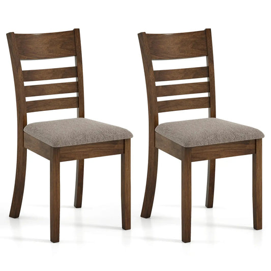 Set of 2 wooden dining chairs with dark brown rubber wood frames, slatted backs, and beige upholstered seats on Tampa Home & Garden Store