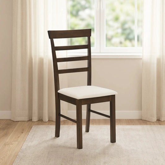 Dining chairs set of 4 with dark wood frame and white fabric cushions in front of a window on Tampa Home & Garden Store