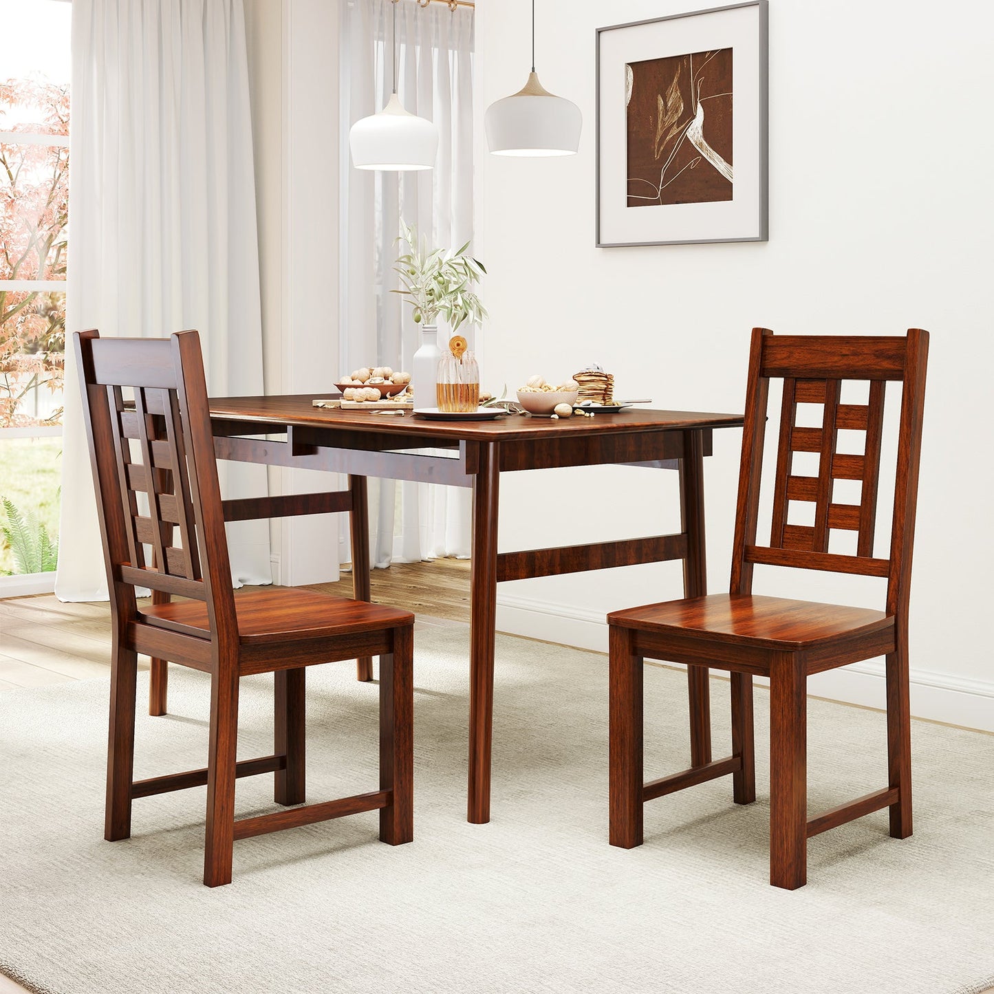 Juego de 2 sillas de comedor de madera, sillas de cocina con estructura de madera maciza de caucho-Nogal